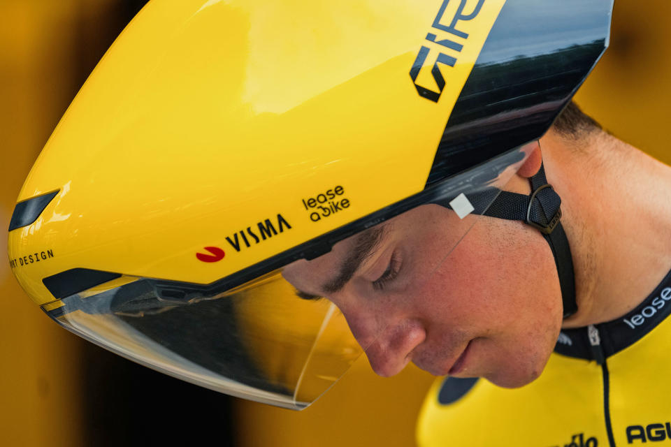 prototype Giro Aerohead 2.0 aero TT helmet, aerodynamic time-trial protection for Team Visma at Tirreno Adriatico 2024, front detail