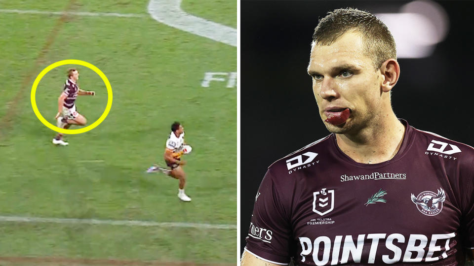 Tom Trbojevic running after Selwyn Cobbo and Trbojevic during a NRL game.