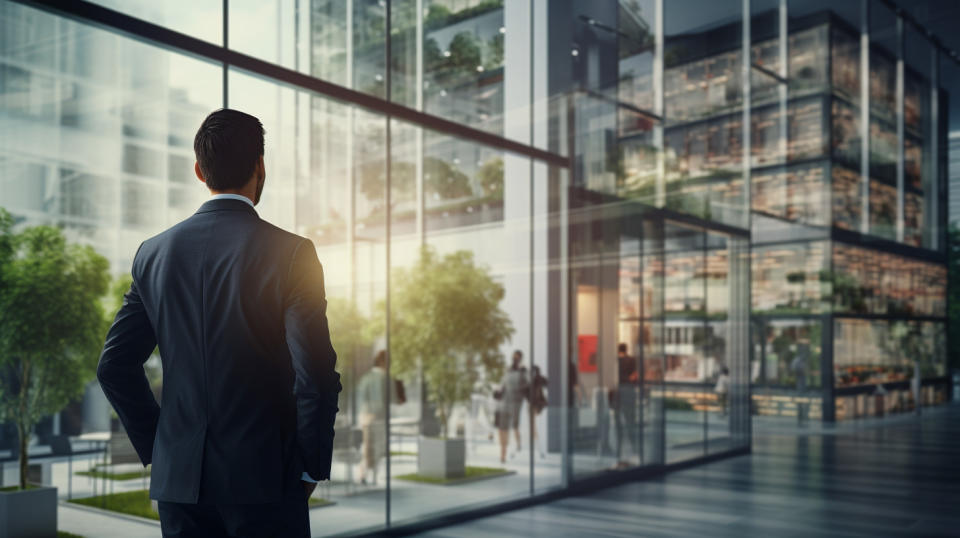 A real estate broker viewing a commercial property as part of a loan consultation.