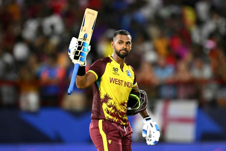 West Indies' Nicholas Pooran after being run out just short of a century (TIMOTHY A. CLARY)