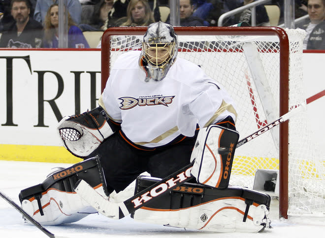 PITTSBURGH, PA - FEBRUARY 15: Jonas Hiller #1 of the Anaheim Ducks makes a save against the Pittsburgh Penguins during the game at Consol Energy Center on February 15, 2012 in Pittsburgh, Pennsylvania. The Ducks defeated the Penguins 2-1. (Photo by Justin K. Aller/Getty Images)