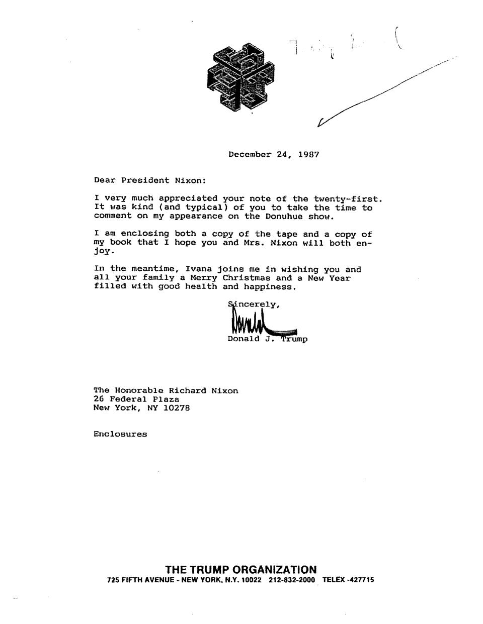 This image provided by the Richard Nixon Foundation shows a copy of correspondence between Donald Trump and Richard Nixon. The letters between once and future presidents, revealed for the first time in an exhibit that opens Thursday, Sept. 24, 2020, at the Richard Nixon Presidential Library & Museum, show the two men engaged in something of an exercise in mutual affirmation. The museum shared the letters exclusively with The Associated Press ahead of the exhibit’s opening. (Richard Nixon Foundation via AP)