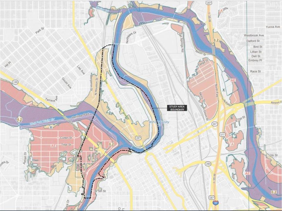 This map shows 500-year FEMA floodplains (in yellow) and 100-year floodplains in pink. The more purple areas along the river is a floodway. “Given the existing flood risk on Panther Island shown in the FEMA floodplain map, significant changes are needed in the flood protection infrastructure to unlock the development of the district. These changes are being accomplished by the Central City Project & new bypass channel that will reduce the risk of flooding on Panther Island by managing and partially redirecting the river’s flow,” a consultant reported in February.