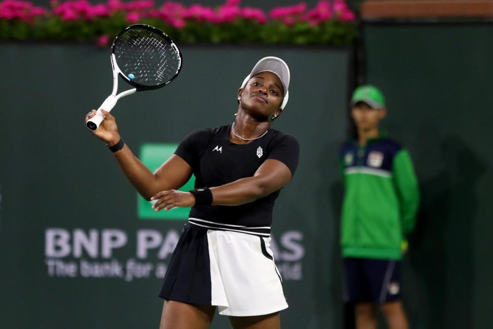 Sloane Stephens reacts during her match against Sofia Kenin at the BNP Paribas Open in Indian Wells, Calif., on March 9, 2023. 