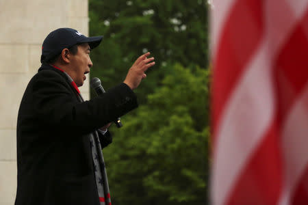 Democratic 2020 U.S presidential candidate Andrew Yang holds a rally in the Manhattan borough of New York, May 14, 2019. REUTERS/Gabriela Bhaskar