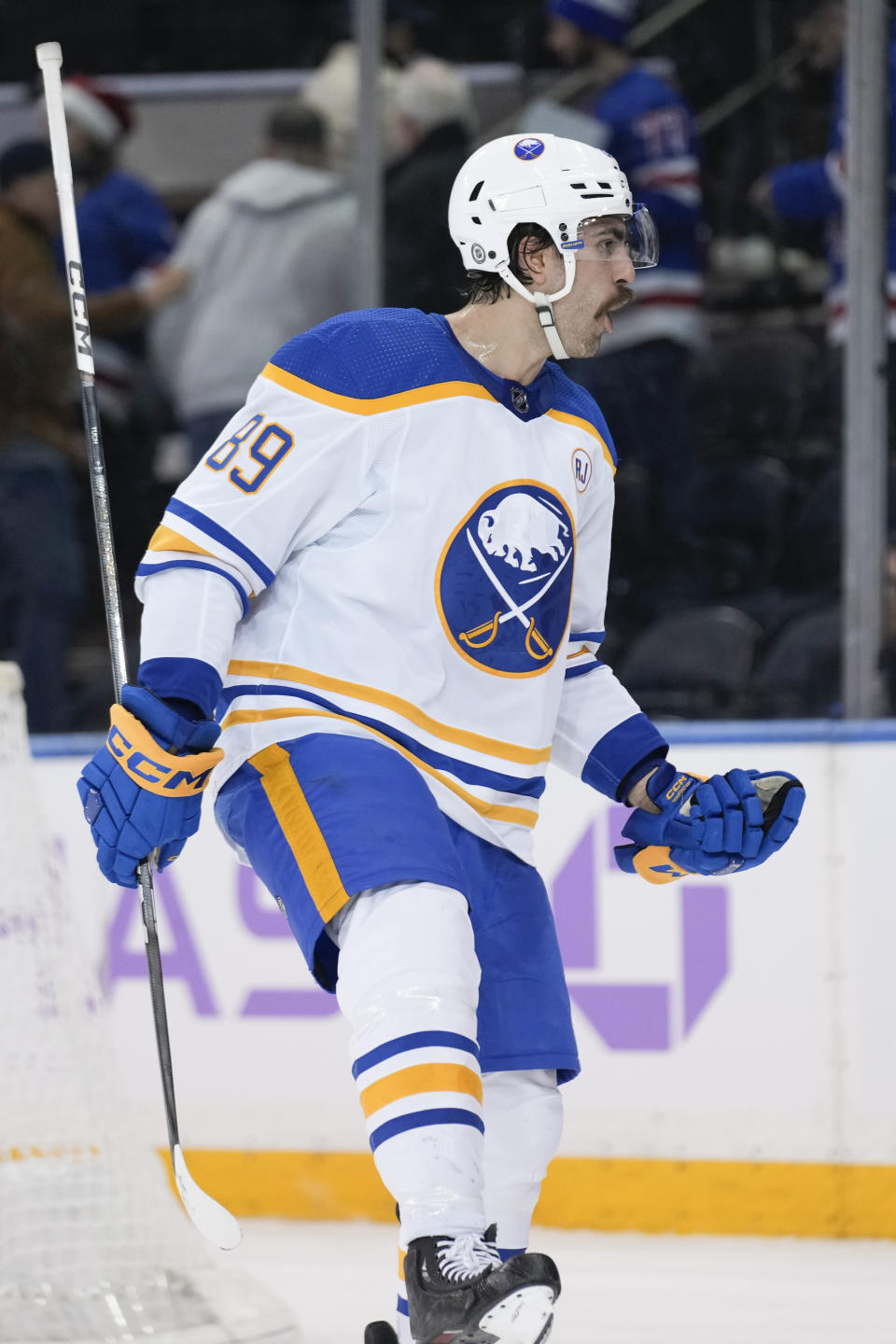 Buffalo Sabres' Alex Tuch reacts as he comes off the ice after an NHL hockey game against the New York Rangers, Monday, Nov. 27, 2023, in New York. (AP Photo/Seth Wenig)