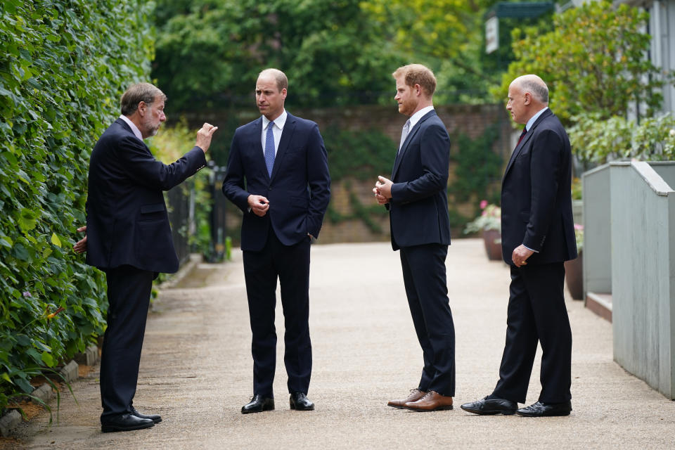 The Duke of Cambridge (second left) and Duke of Sussex (second right) talk to, Rupert Gavin, Chairman of Historic Royal Palaces (left) and Jamie Lowther-Pinkerton (right) the former Private Secretary to the Duke and Duchess of Cambridge and to Prince Harry, who sat on the statue committee, ahead of the unveiling of a statue they commissioned of their mother Diana, Princess of Wales in the Sunken Garden at Kensington Palace, London, on what would have been her 60th birthday. Picture date: Thursday July 1, 2021.