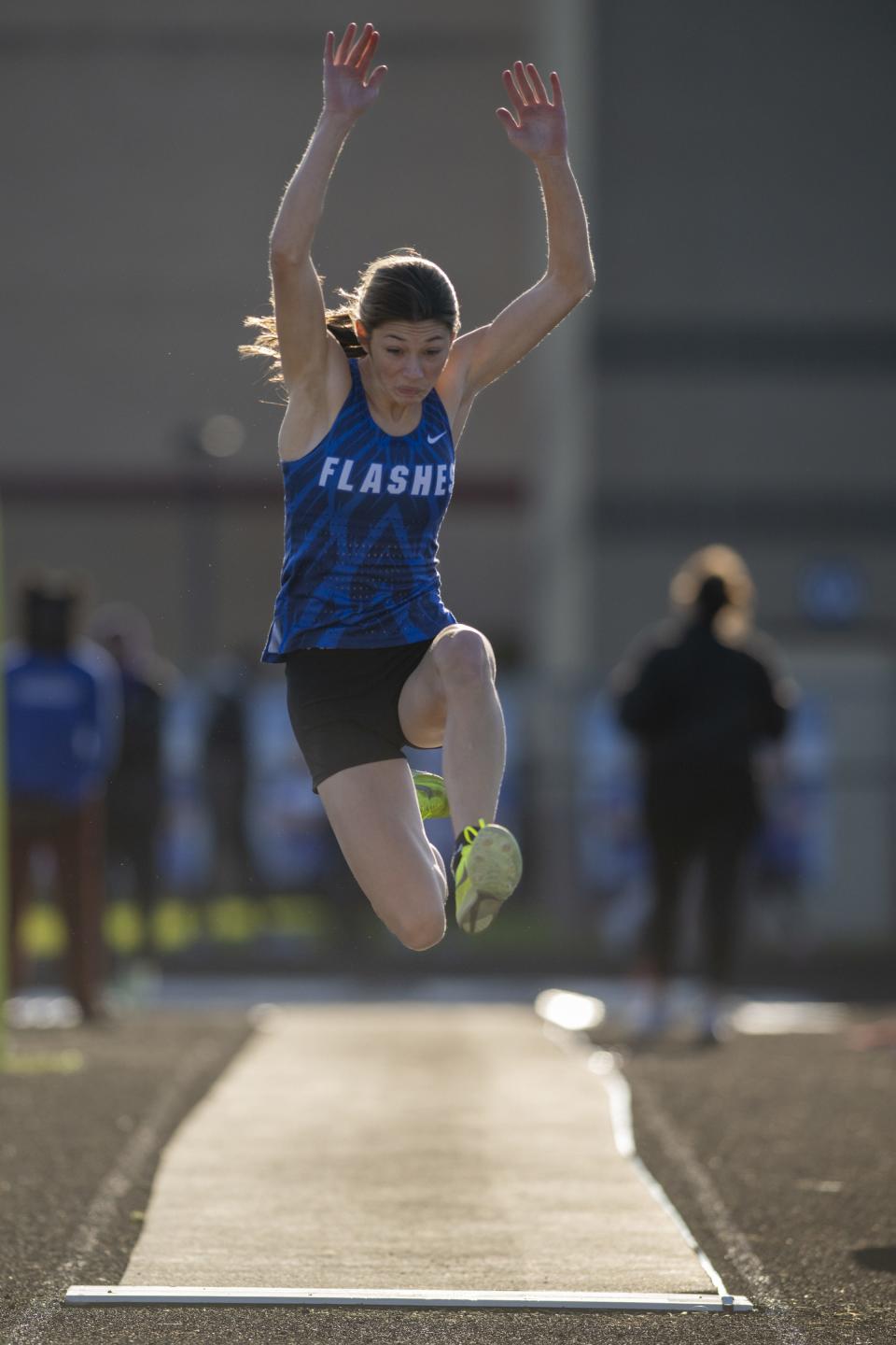 Franklin Central High School junior Breece Bass competes in the Long Jump competition during a Hoosier Crossroad Conference girlsâ€™ track meet, Wednesday, May 3, 2023, at Hamilton Southeastern High School.