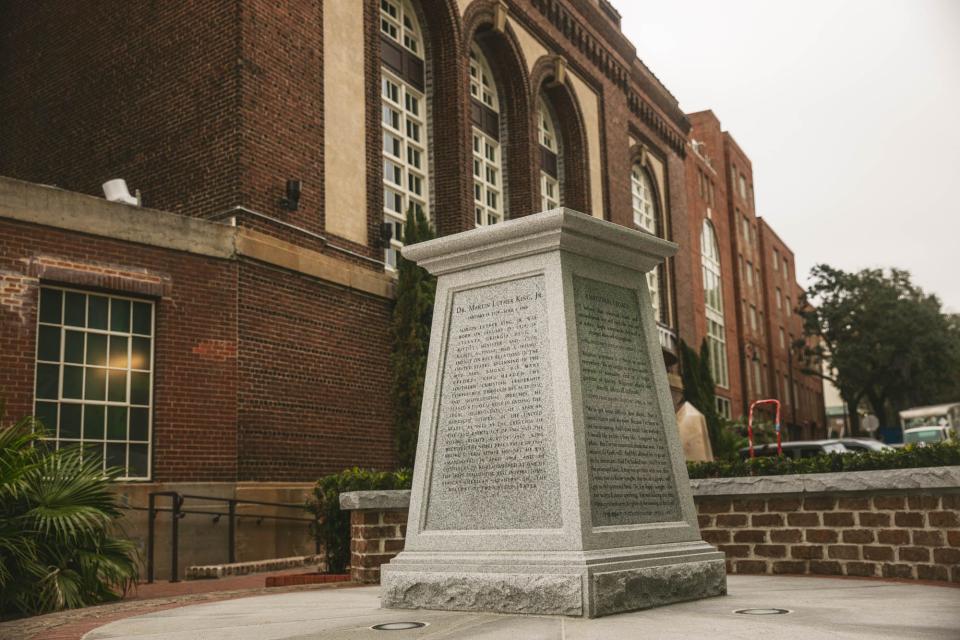 The pedestal for the Martin Luther King, Jr statute sits at the end of Martin Luther King, Jr Blvd. next to Plant Riverside.  (Richard Burkhart/Savannah Morning News)