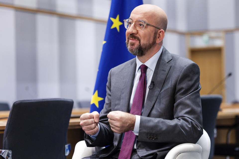 European Council President Charles Michel speaks during an exclusive interview with the Associated Press at the EU Council in Brussels, Friday Oct. 13, 2023. (AP Photo/Geert Vanden Wijngaert)