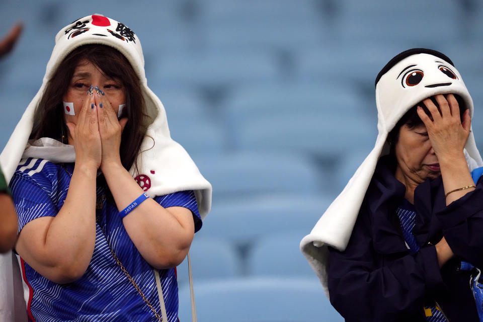 Japan fans react after the FIFA World Cup Round of Sixteen match at the Al Janoub Stadium in Al-Wakrah, Qatar. Picture date: Monday December 5, 2022. (Photo by Nick Potts/PA Images via Getty Images)