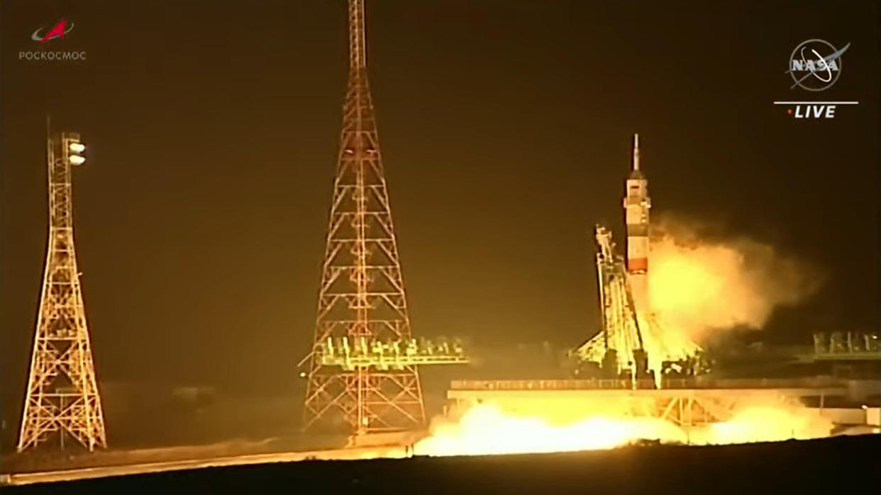  A Russian Soyuz rocket launches the Soyuz MS-23 crew capsule without a crew at night in Baikonur Cosmodrome, Kazakhstan on Feb. 23, 2023. 