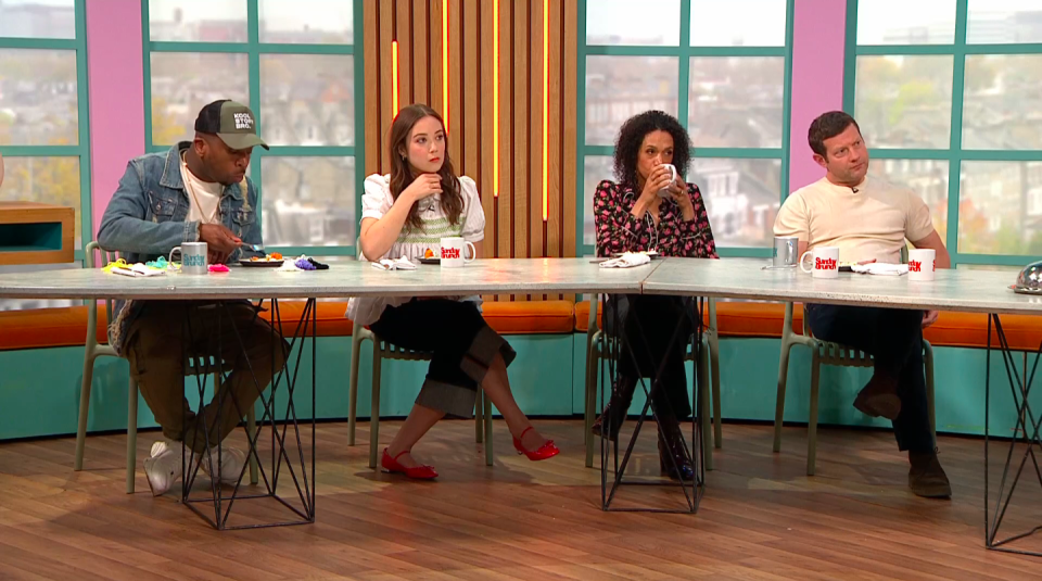 Kiell Smith-Bynoe, Laufey, Vinette Robinson and Dermot O'Leary dig into the Sunday Brunch grub. (Channel 4 screenshot)