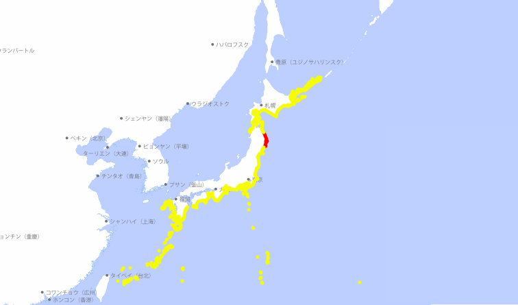 因東加海底火山爆發，日本氣象廳針對太平洋沿岸發佈海嘯警報，範圍從北海道到琉球群島等均涵括在內。（圖：日本氣象廳）