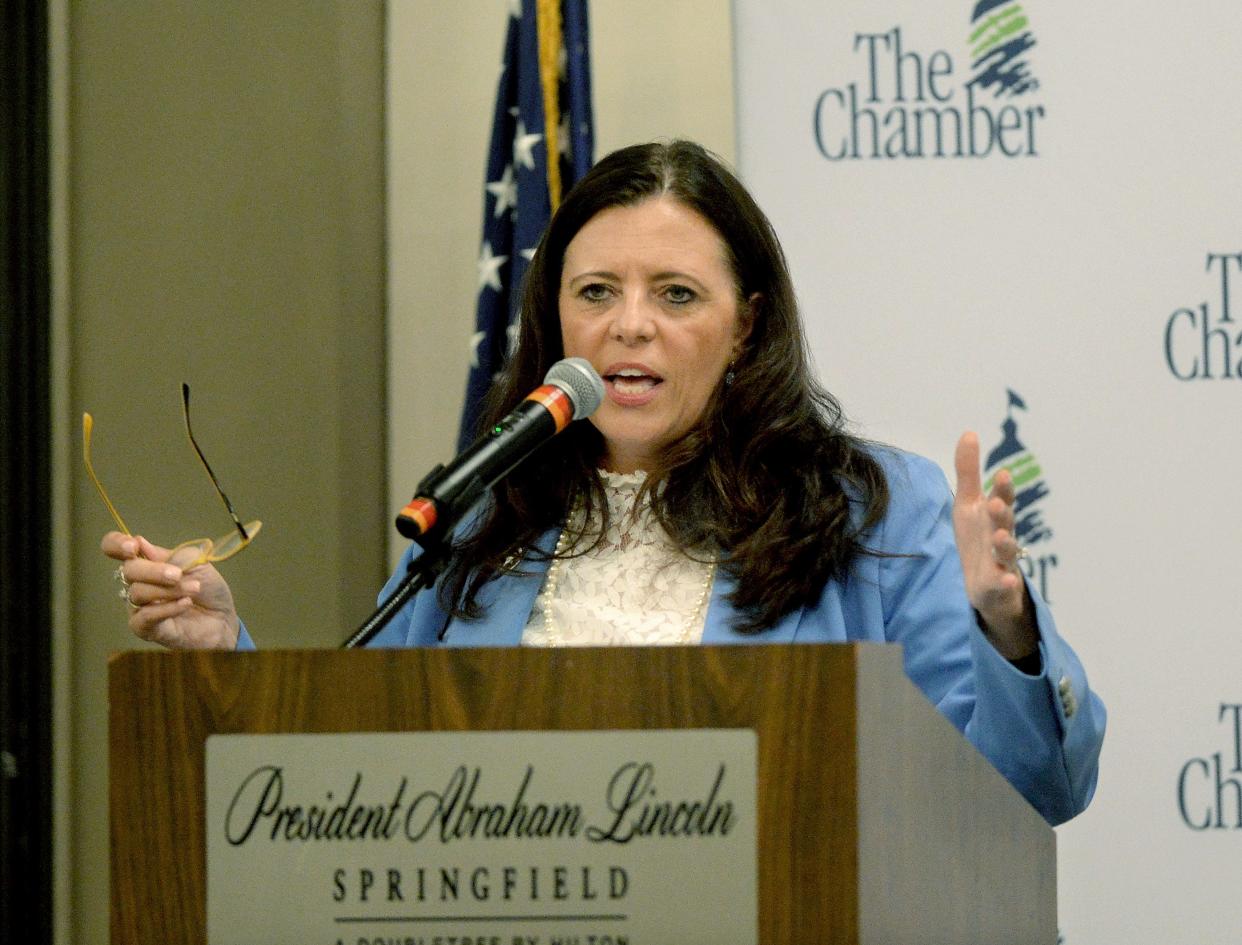 Springfield Mayor Misty Buscher gives the State of the Greater Springfield address at the President Abraham Lincoln Hotel on May 2, 2024, in Springfield.