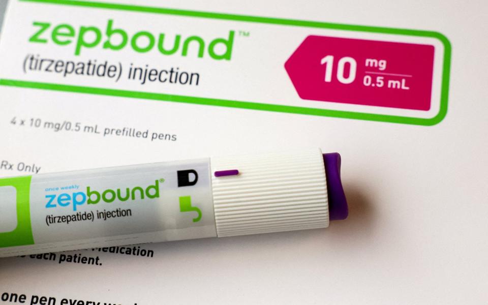 An injection pen of Zepbound, Eli Lilly's weight loss drug