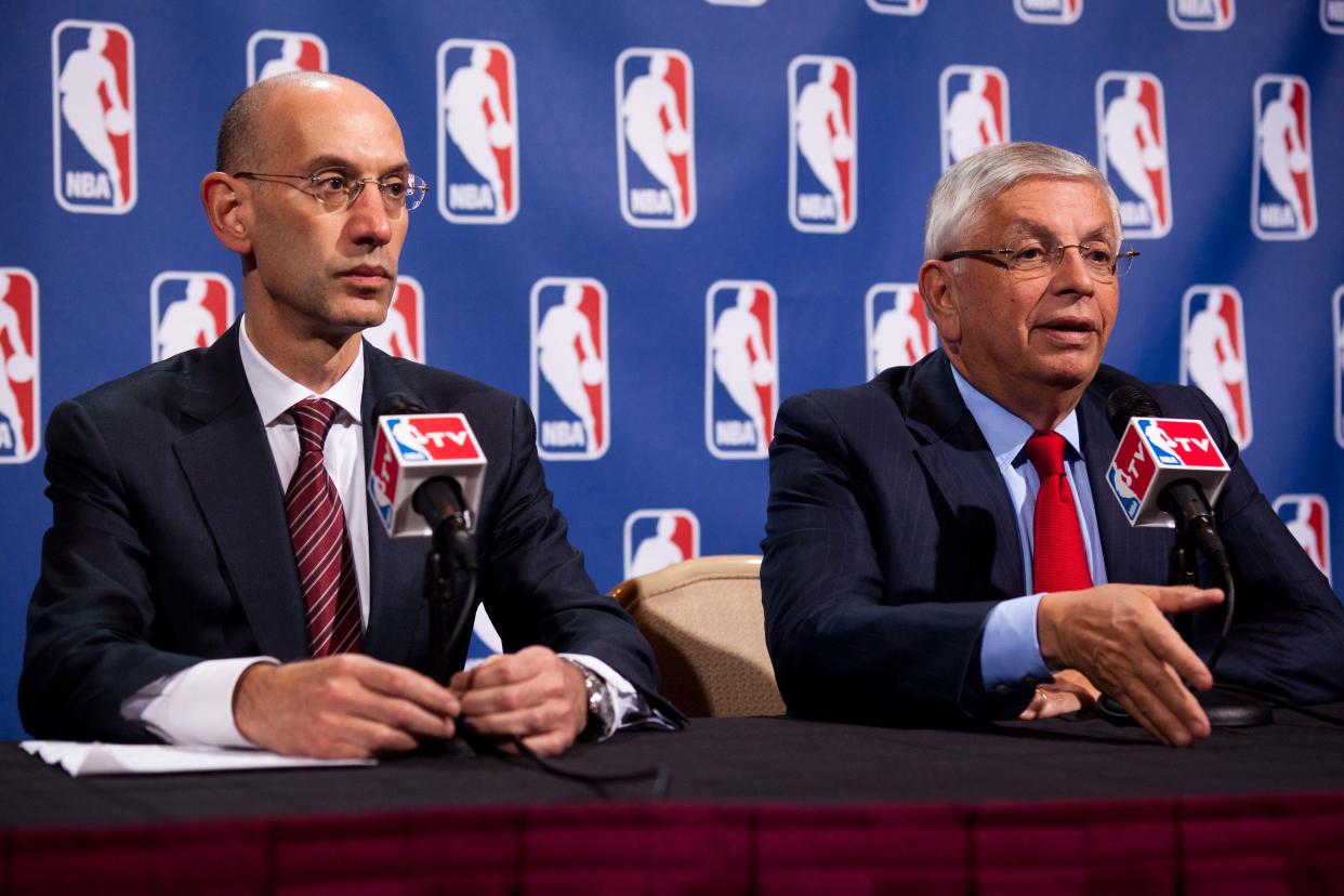 David Stern, right, ruled with an iron fist as NBA commissioner, while Adam Silver, left, is walking a fine line now after the Robert Sarver decision. (AP Photo/John Minchillo)
