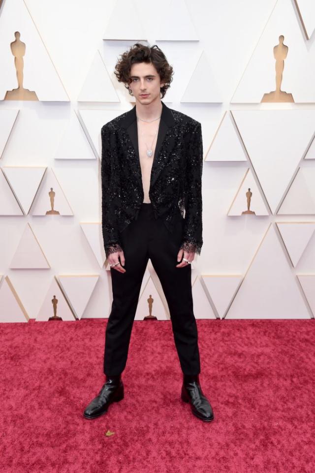 Timotheé Chalamet Goes Shirtless in Sparkling Blazer & Boots at Oscars –  Footwear News