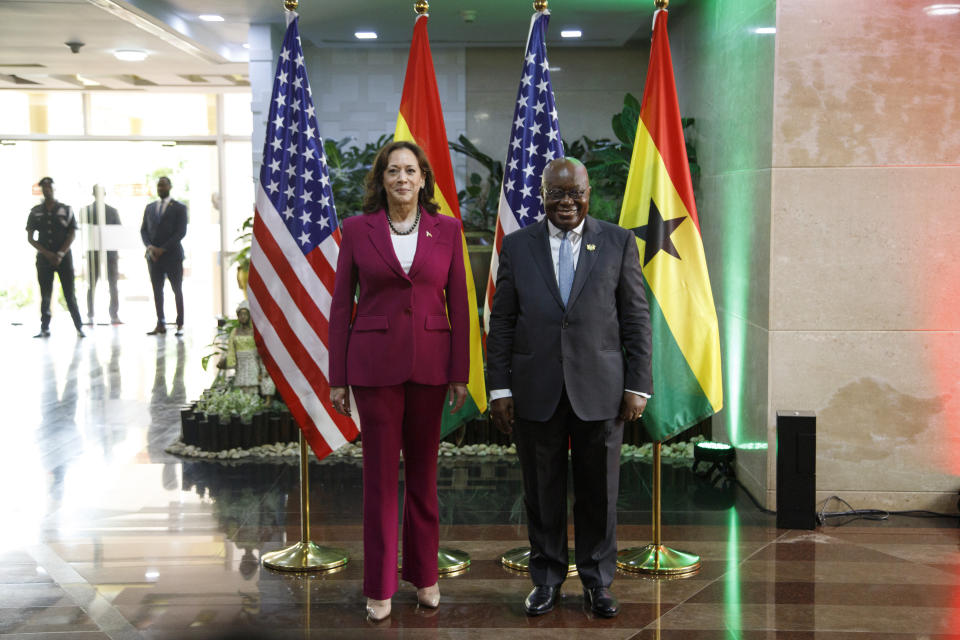 U.S. Vice President Kamala Harris is welcomed by Ghana President Nana Akufo-Addo in Accra, Ghana, Monday March 27, 2023. Harris is on a seven-day African visit that will also take her to Tanzania and Zambia. (AP Photo/Misper Apawu)