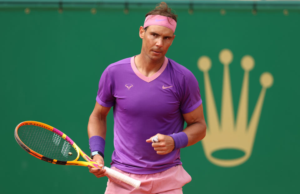 Rafael Nadal celebrates match point during their Round 32 match against Federico Delbonis during day four of the Rolex Monte-Carlo Masters at Monte-Carlo Country Club on April 14, 2021 in Monte-Carlo, Monaco.