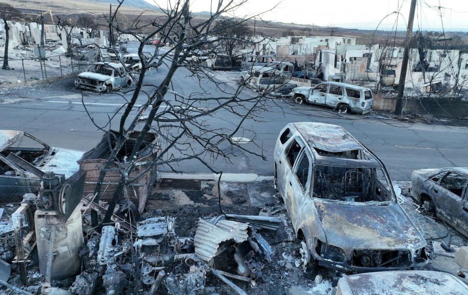 PHOTO: In an aerial view, burned cars and homes are seen in a neighborhood that was destroyed by a wildfire, Aug. 18, 2023, in Lahaina, Hawaii.  (Justin Sullivan/Getty Images)