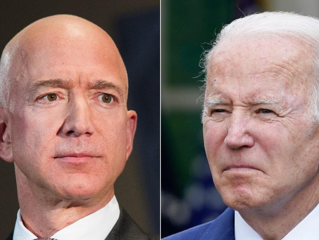 Close-up photos of Jeff Bezos and President Joe Biden side by side