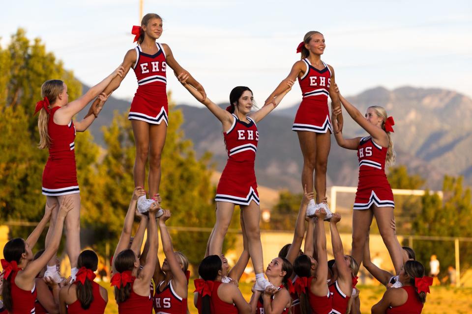 East’s cheer team performs during half time at their high school football season opener against Orem at East High School in Salt Lake City on Friday, Aug. 11, 2023. | Megan Nielsen, Deseret News