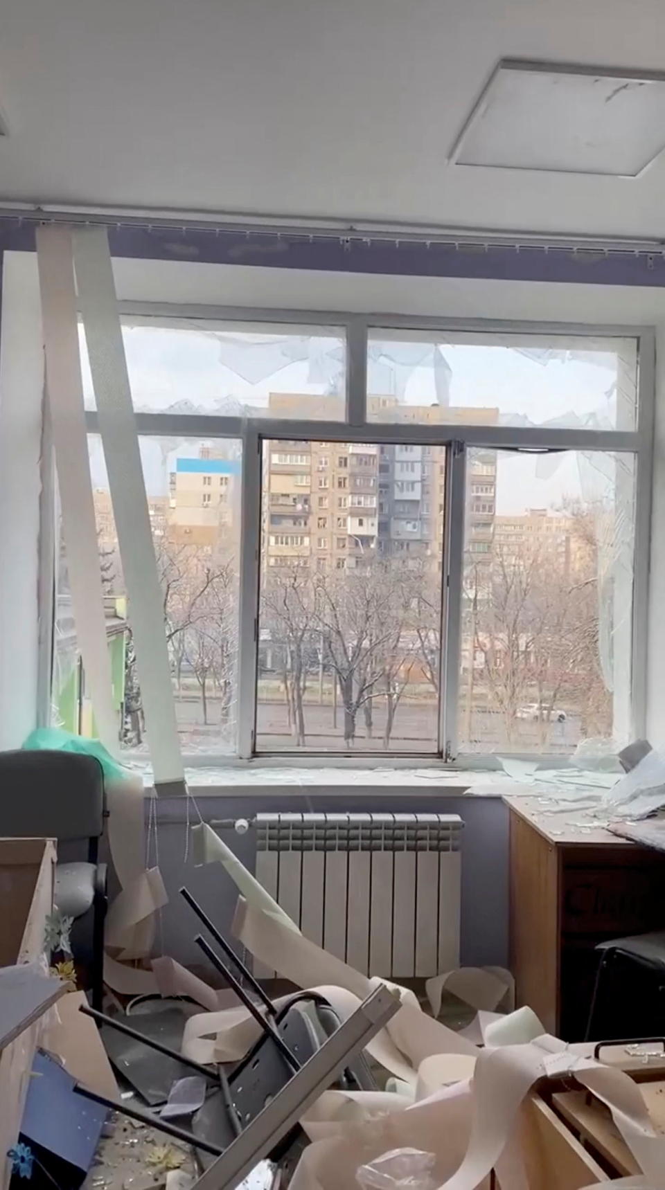 Shattered windows are seen inside Mariupol children's hospital as Russia's invasion of Ukraine continues, in Mariupol, Ukraine, March 9, 2022 in this picture obtained from social media. Instagram/Volodymyr Zelenskiy via REUTERS  THIS IMAGE HAS BEEN SUPPLIED BY A THIRD PARTY.