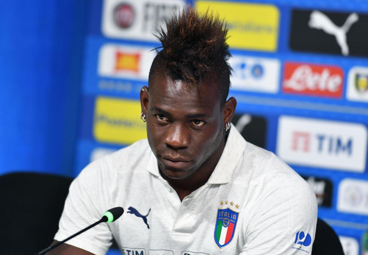 Italy’s Mario Balotelli holds a press conference at the Juventus’ sport center in Vinovo, near Turin, Italy, Sunday, June 3, 2018. Italy will play the Netherlands in a friendly match in Turin Monday. (Alessandro Di Marco/ANSA via AP