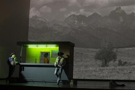 American tenor Tom Randle (Jack Twist) (L), and Canadian bass-baritone Daniel Okulitch (Ennis del Mar), pose with a backdrop of Madrid prior to a dress rehearsal of the opera "Brokeback Mountain" at the Teatro Real in Madrid, January 24, 2014. REUTERS/Paul Hanna