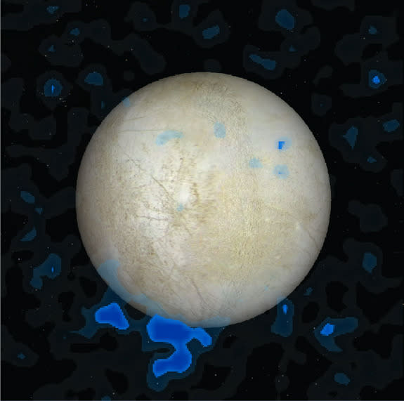 This Hubble Space Telescope data image shows the water vapor plume (blue) over the leading hemisphere of Europa superimposed on a visible light image of the icy Jupiter moon. Image released Dec. 12, 2013.