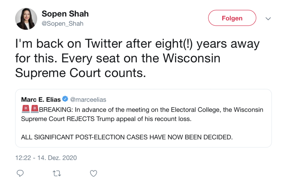 Shah announces her return to the platform with a tweet about an electoral lawsuit in Wisconsin.