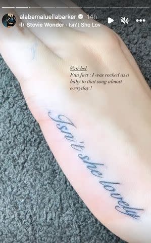 <p>Alabama Barker/Instagram</p> Alabama Barker's Stevie Wonder lyrics tattoo