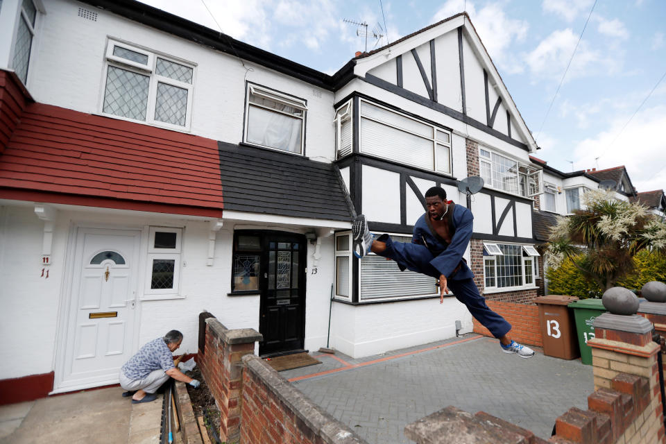 Team GB taekwondo athlete Lutalo Muhammad trains at his home in Walthamstow, following the outbreak of the coronavirus disease (COVID-19), London, Britain, May 24, 2020. REUTERS/Paul Childs     TPX IMAGES OF THE DAY