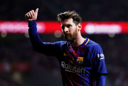 Soccer Football - Spanish King's Cup Final - FC Barcelona v Sevilla - Wanda Metropolitano, Madrid, Spain - April 21, 2018 Barcelona's Lionel Messi gestures REUTERS/Juan Medina