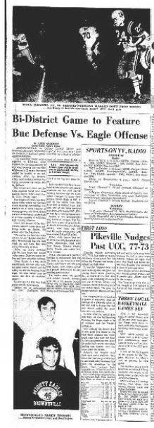 The front sports page of the Nov. 22, 1969 edition of the Caller-Times previewing Miller's playoff game with Brownsville High School.