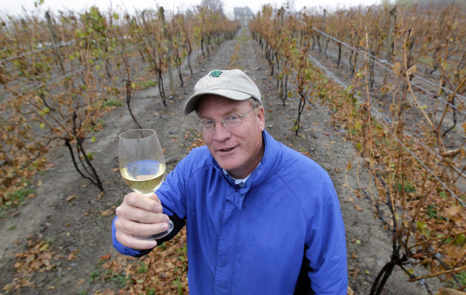 Fred Frank poses for a photo in his vineyard at Dr. Konstantin Frank Vinifera Wine Cellars in Hammondsport, N.Y., Tuesday, Oct. 23, 2012. Frank, grandson of Dr. Konstantin Frank, worries the region's carefully tended reputation is in danger if tourists who make the long trip up from the New York City area and elsewhere have to deal with traffic created by gas drilling. (AP Photo/David Duprey)