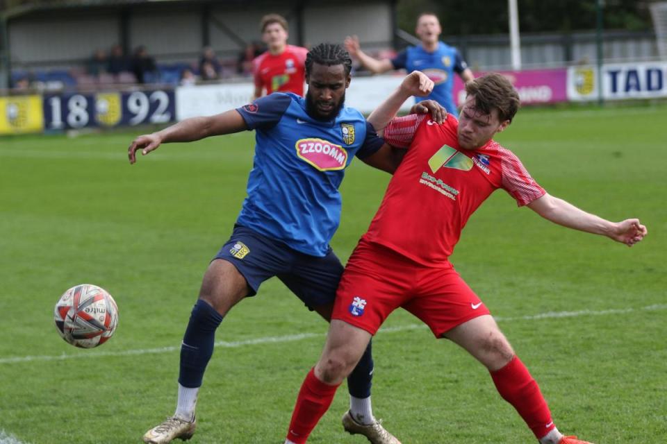 Raeece Ellington battles in Tadcaster Albion's 0-0 draw with play-off bound Rossington Main. Pic: Craig Dinsdale