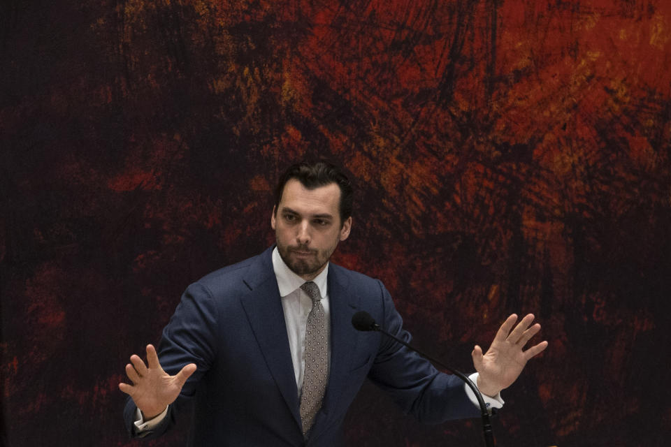 FILE - Thierry Baudet, leader of right-wing populist party Forum for Democracy, speaks during the debate in parliament in The Hague, Netherlands, on April 1, 2021. The leader of a far-right Dutch populist party was assaulted Monday Nov. 20, 2023 at an event in the northern city of Groningen two days before the Netherlands holds a general election. (AP Photo/Peter Dejong, File)