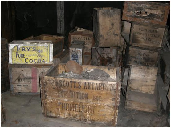 A collection of old containers filled with essentials from the doomed 1912 expedition.