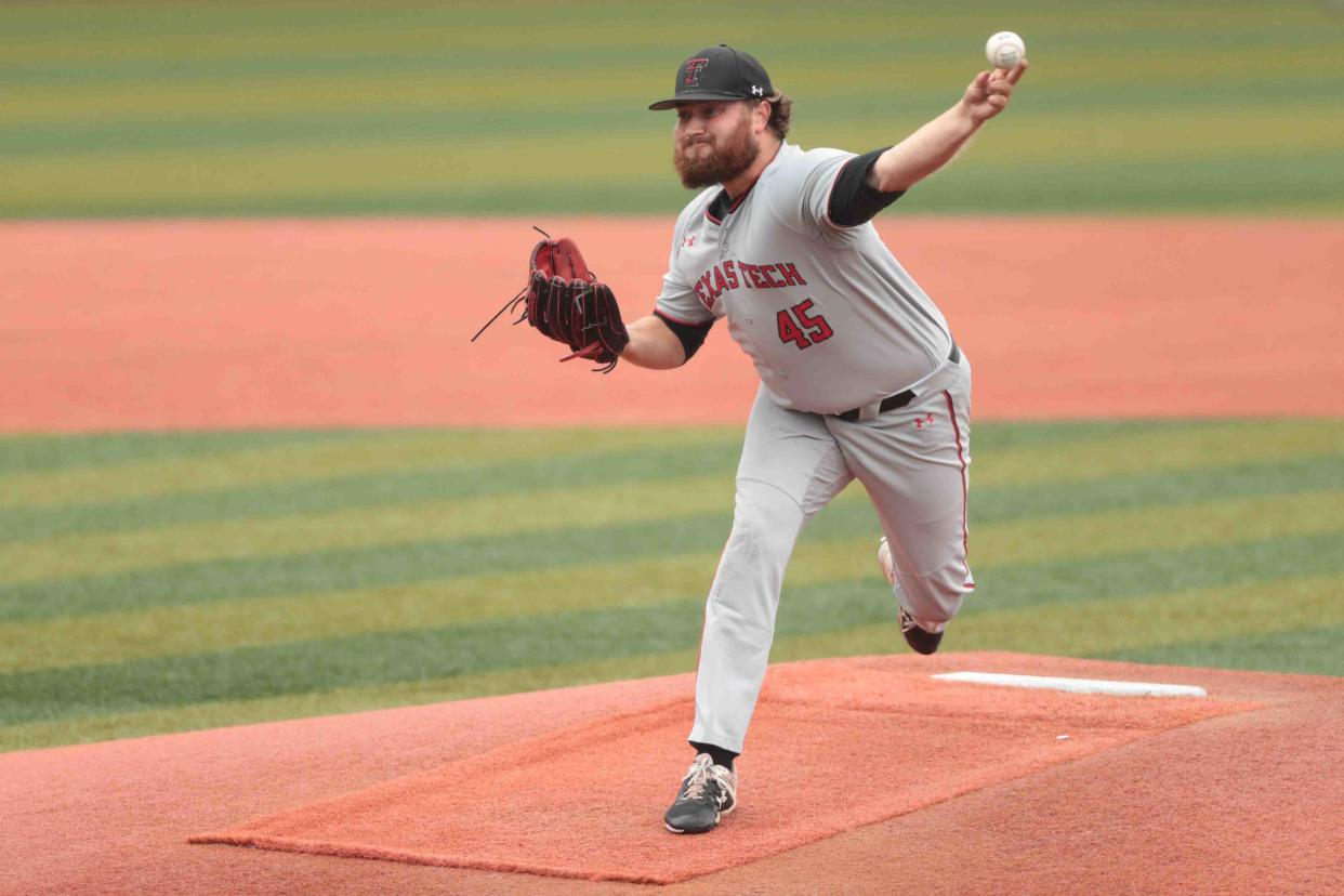 Texas Tech lefthander Derek Bridges (45) delivers a pitch during the Red Raiders' 7-3 loss Sunday at Kansas. The Red Raiders host Big 12 leader Oklahoma on Friday, Saturday and Sunday, and Bridges is one of nine seniors scheduled to be recognized before the series finale.