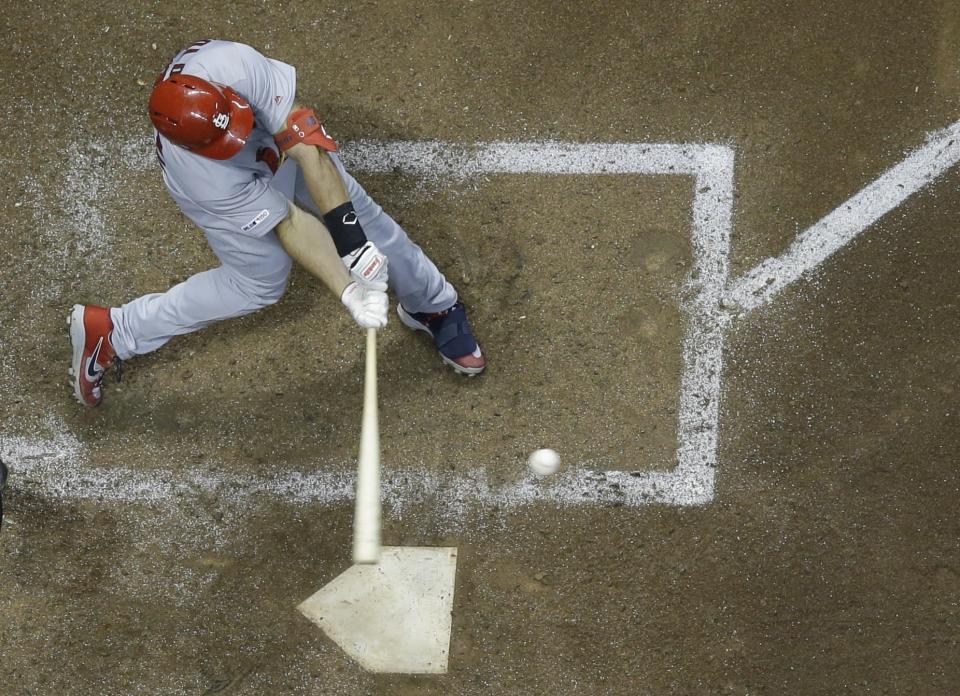 St. Louis Cardinals' Paul Goldschmidt hits a home run during the sixth inning of a baseball game against the Milwaukee Brewers Friday, March 29, 2019, in Milwaukee. (AP Photo/Morry Gash)