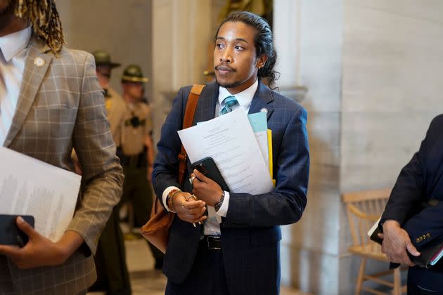 Tennessee state Rep. Justin Jones (D) walks out of the House chamber in Nashville, Tennessee.