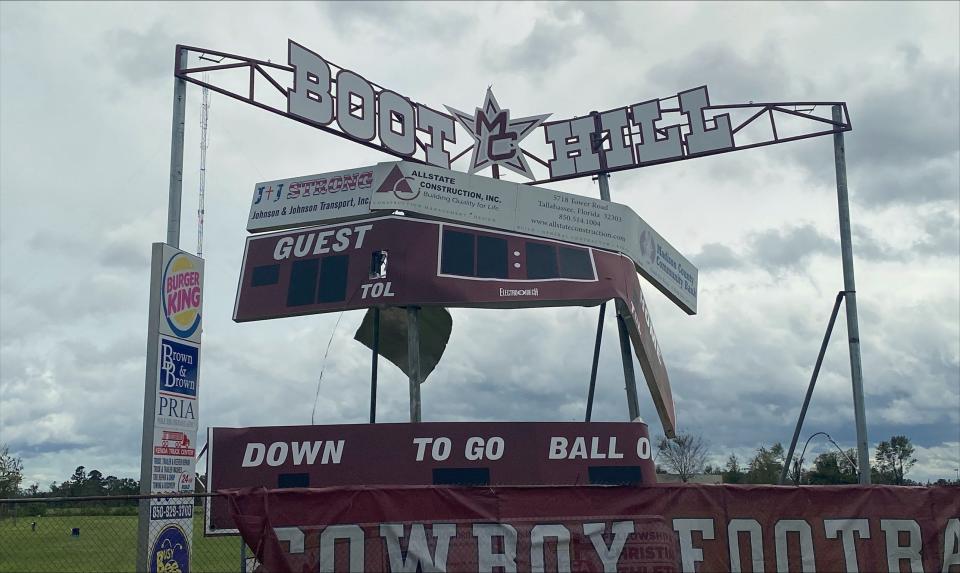 Damages to Madison County High School's beloved Boot Hill stadium scoreboard following Hurricane Idalia