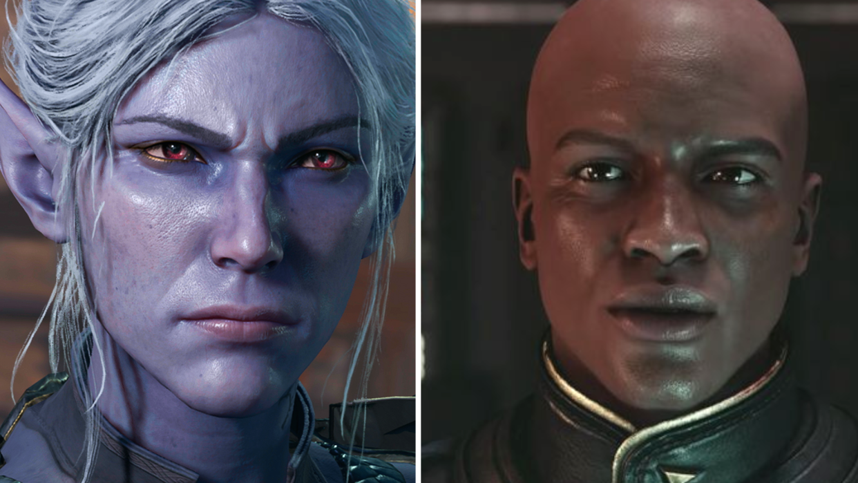  Minthara from Baldur's Gate 3, a stern looking drow woman, and Commander Kibwe Ikabe from Starfield, a resolute member of the UC. 