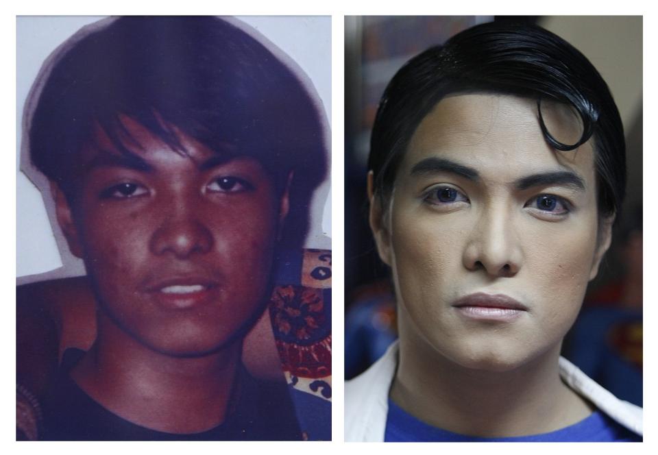 A combination photo shows Herbert Chavez before and after his cosmetic transformation to look more like the comic book character Superman in Calamba Laguna, south of Manila October 12, 2011. In his idolization of the superhero, Chavez, a self-professed "pageant trainer" who owns two costume stores, has undergone a series of cosmetic surgeries for his nose, cheeks, lips and chin down to his thighs and even his skin color to look more like the "Man of Steel". The final result bears little resemblance to his old self. The photo on the left was taken when Chavez was 16. REUTERS/Handout (L) and Cheryl Ravelo (PHILIPPINES - Tags: SOCIETY)