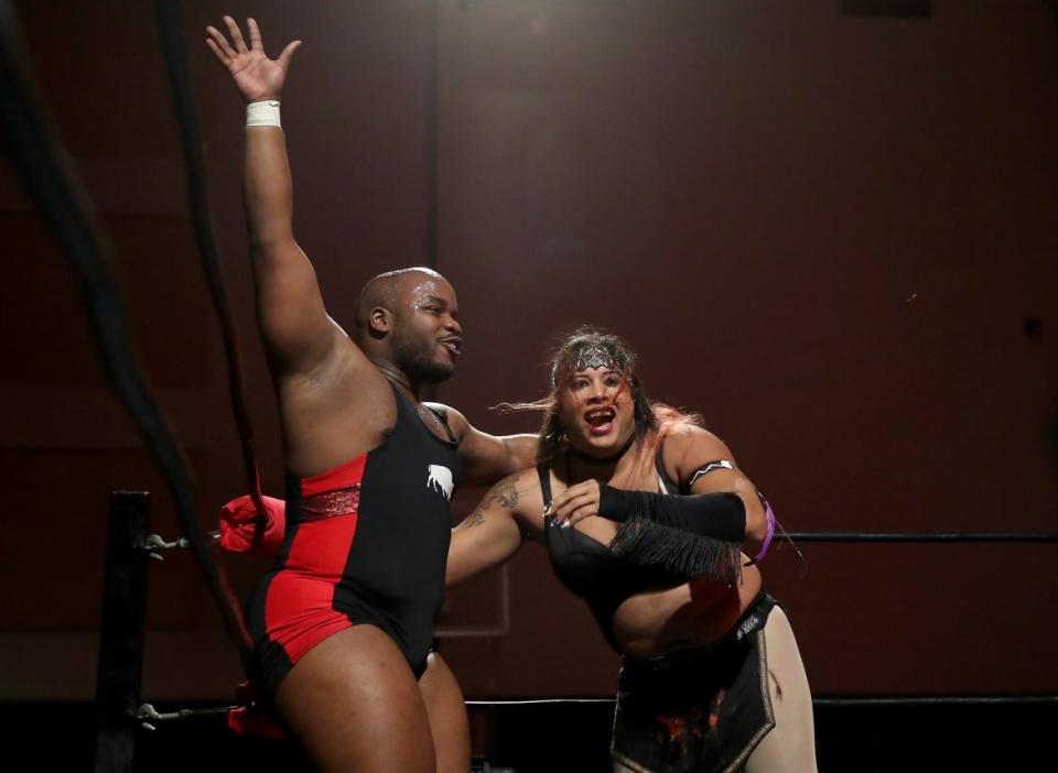 <div class="inline-image__caption"><p>Rump Thump and Nyla Rose celebrate the win during Capitol Wrestling World War IV on December 29, 2017 at Capitol Auditorium in Hoboken, New Jersey.</p></div> <div class="inline-image__credit">Elsa/Getty</div>