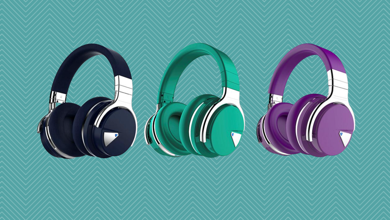 Cowin E7 noise-canceling headphones in navy, green, and purple colors.