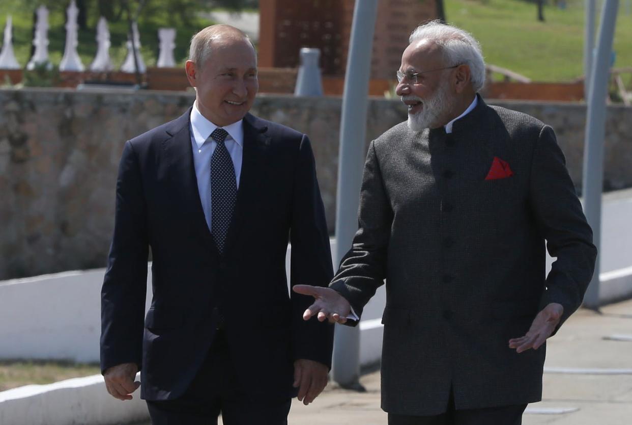 <span class="caption">A close relationship based on strategic needs.</span> <span class="attribution"><a class="link " href="https://www.gettyimages.com/detail/news-photo/russian-president-vladimir-putin-and-indian-prime-minister-news-photo/1165923211?adppopup=true" rel="nofollow noopener" target="_blank" data-ylk="slk:Mikhail Svetlov/Getty Images;elm:context_link;itc:0;sec:content-canvas">Mikhail Svetlov/Getty Images</a></span>