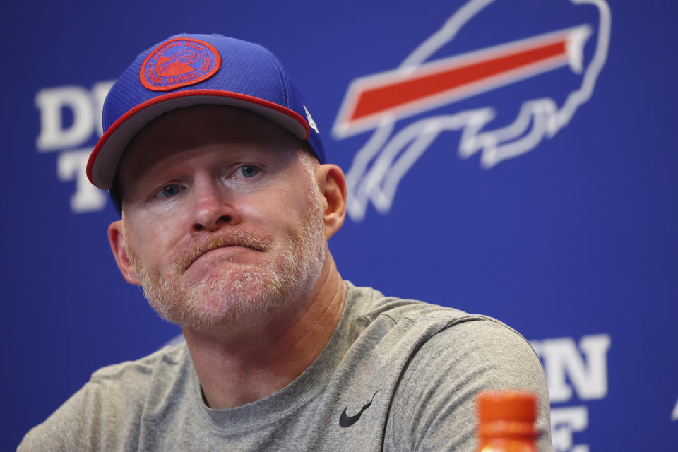 Buffalo Bills head coach Sean McDermott speaks at a news conference following an NFL football game against the Tampa Bay Buccaneers, Friday, Oct. 27, 2023, in Orchard Park, N.Y. (AP Photo/Jeffrey T. Barnes)